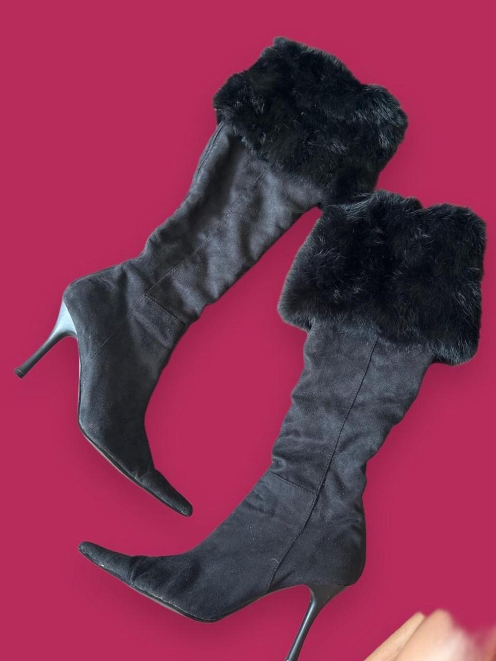 Faux-Fur Trim Black Suede Knee Boots with Stiletto Heel